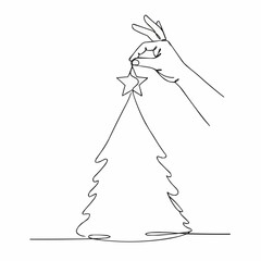 Elegant hand placing star on Christmas tree for festive cheer, embodying holiday spirit in minimalist line art, perfect for seasonal greetings
