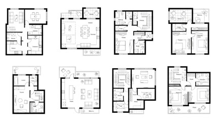 A diverse collection of residential floor plans and architectural schematic concepts for building projects