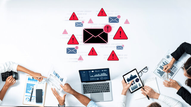 Concept of a cybersecurity warning for unsafe email communication. This alert signifies a phishing attack, spam, or malware risk that requires immediate attention to prevent fraud. Fermion - Powered by Adobe