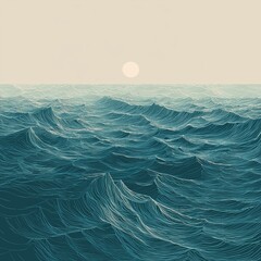 An artistic, stylized digital illustration of a vast ocean with varied, churning waves depicted with intricate lines, set against a calm, pale beige sky with a centered sun or moon