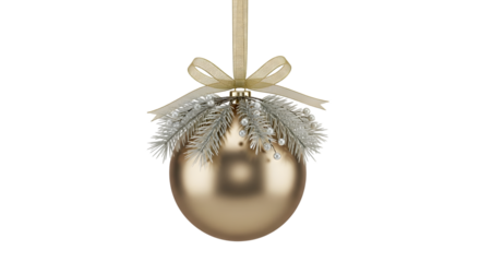 Gold Christmas Ornament with Pine Sprigs and Pearls on Black Background Keywords: Christmas, ornament, bauble, gold, golden, festive, decoration isolated on a transparent background