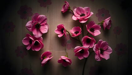 Pink flowers wallpaper on wall background vintage design, dramatic atmosphere. White tone