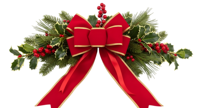 Festive Red Christmas Bow with Holly and Pine Sprigs Decoration whisk graphic isolated on a transparent background