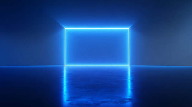 Modern blue neon square portal beckons in a futuristic space, illuminating sleek reflections, creating a stunning tech backdrop for your creative projects