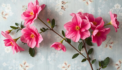 Pink flowers wallpaper on wall background vintage design, professional photography. White tone