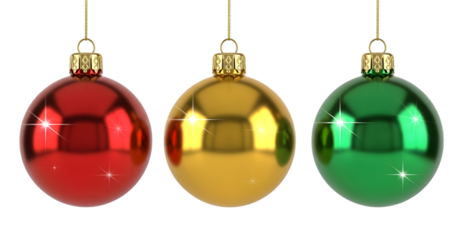 Red Gold And Green Christmas Ornaments With Sparkle On Black decoration isolated on a transparent background