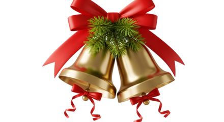 Two Golden Christmas Bells with Red Bows and Ribbons on Black Background graphic design isolated on a transparent background
