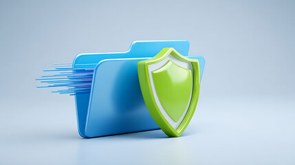 Secure file transfer with green shield symbolizing data protection and cyber security, ensuring safe and reliable digital information exchange for business