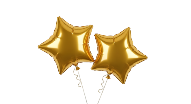 Two Golden Star Shaped Balloons with Ribbons on Black Background metallic isolated on a transparent background