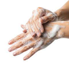 Fototapeta premium Person washing hands thoroughly with soap foam, emphasizing hygiene and cleanliness isolated on transparent background