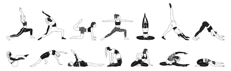 Women do yoga and Pilates exercises cartoon monochrome set. Healthy wellness lifestyle. Fitness woman doing various stretching, meditation and relaxation, gym sport body training vector illustration