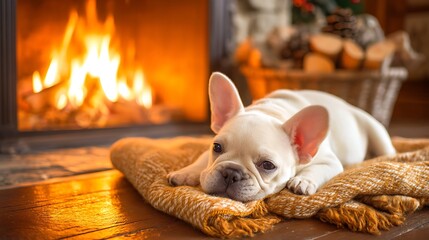 Cozy French Bulldog Relaxing by a Warm Fire in a Rustic Cabin Setting