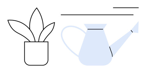 Potted plant with large leaves next to a blue watering can, symbolizing growth, care, and sustainability. Ideal for gardening, wellness, minimalism, nature ecology growth home decor. Simple flat