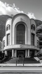 Rounded building with arched windows against mountains