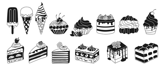 Cakes, pieces of cake and ice cream, different types desserts black and white glyph set. Birthday various slices cakes texture illustration. Sweet holiday bakery art. Vector hand drawn cartoon design
