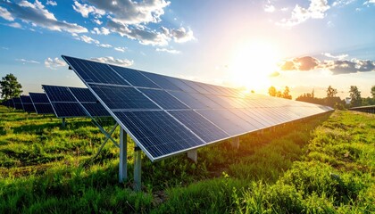 Solar panels in a field; sunset