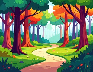 Winding path through colorful forest trees