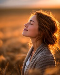 Serene Woman with Closed Eyes in Golden Wheat Field at Sunset
