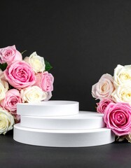 White platform with pink and white roses, dark background