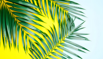 Tropical palm leaves on yellow and light blue background. Minimal nature. Summer Styled.  Flat lay.  Image is approximately 5500 x 3600 pixels in size, sticker style. White tone