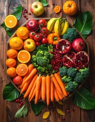 Octagon tray piled high with colorful assorted fruits/veggies