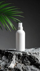 White spray bottle on rock, leafy branch. Clean product