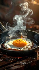 Smoking egg in cast iron pan, rustic & close-up view