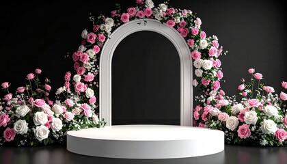 Floral arch & stage pink, white roses. Dark background
