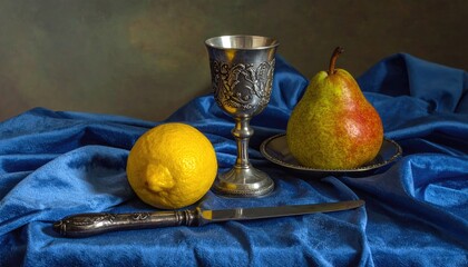 Still life lemon, pear, ornate goblet and knife on blue cloth