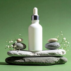 White bottle on stacked stones, green backdrop