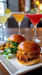 Mini burgers & cocktails on a wood table, bright lighting