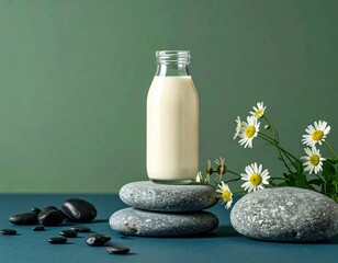 Milk bottle on stones with daisies, calm scene