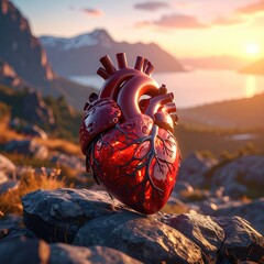 Anatomical heart atop rocks, blurred mountains and sunrise