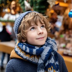 Cheerful Boy in Winter Scarf Gazing Upward at Festive Holiday Lights