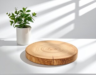 Wood round, green plant, stark white with light patterns