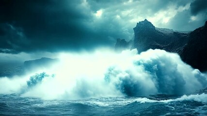 Dramatic ocean waves crashing against rocky cliffs - Powered by Adobe