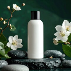 White bottle on stone surrounded by white blossoms