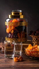Dried fruit-filled jar with ornate trim on a rustic table