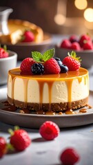 Decadent cheesecake topped with berries and caramel sauce