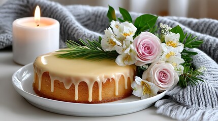 Delicious Vanilla Cake with Dripping Icing and Floral Decorations