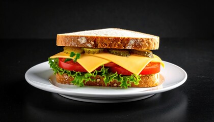 Sandwich on plate with cheese, lettuce, tomato, pickles