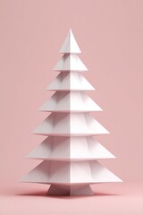 Fototapeta premium A minimalist Christmas tree composed of stacked white geometric shapes stands against a soft pastel pink background with a harmonious layered structure.