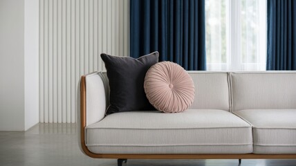 A stylish living room features a light beige sofa with a rich wooden frame, a dark pillow and a round pink cushion adding contrast. Blue curtains create a calm, contemporary atmosphere.