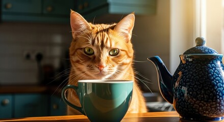 Ginger cat's intense gaze over a cup of tea and teapot in warm sunlight, capturing a cozy and serene moment, ideal for pet lovers and home decor themes