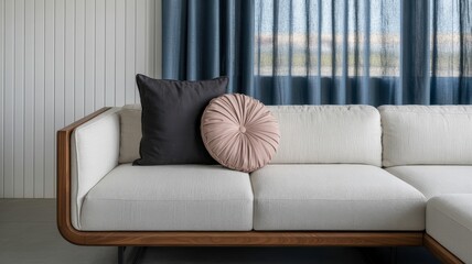 A stylish living room features a light beige sofa with a rich wooden frame, a dark pillow and a round pink cushion adding contrast. Blue curtains create a calm, contemporary atmosphere.