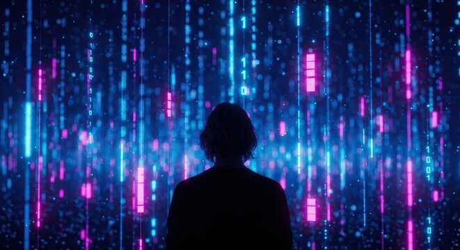 Person immersed in stunning digital data flow with neon lights, perfect for innovative tech concepts and futuristic technology backgrounds or website headers