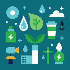 Flat design icons representing sustainability and renewable energy