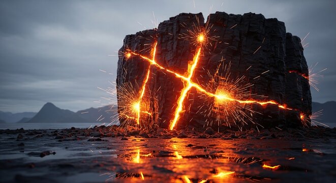 Fiery volcanic rock cracks ablaze with molten lava and sparks, reflecting dramatically on wet, rocky ground under a dramatic sky.