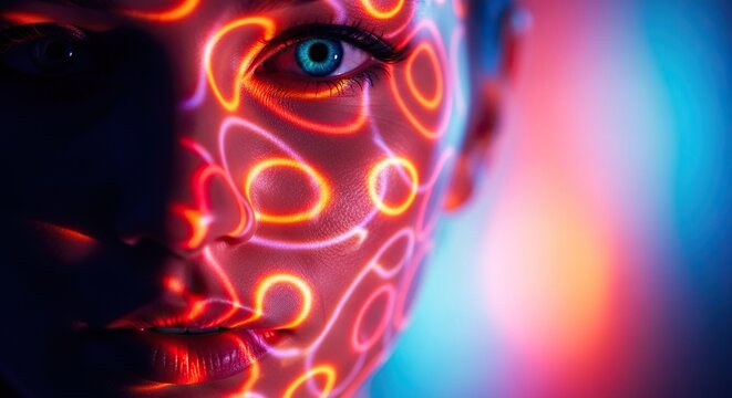 Mesmerizing portrait of a person with vibrant neon light patterns projected onto their face, evoking futuristic themes and digital art