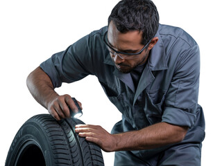 Mechanic inspecting car tire with flashlight isolated on transparent background